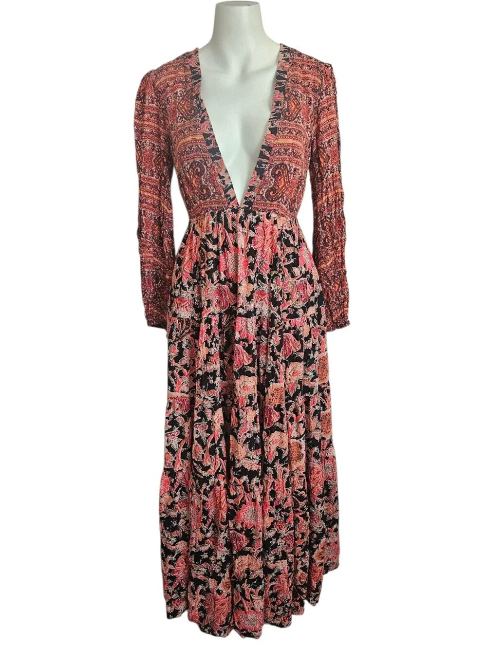 Free People Dove V Neck Long Sleeves Floral‎ Maxi Dress Peasant Country Small